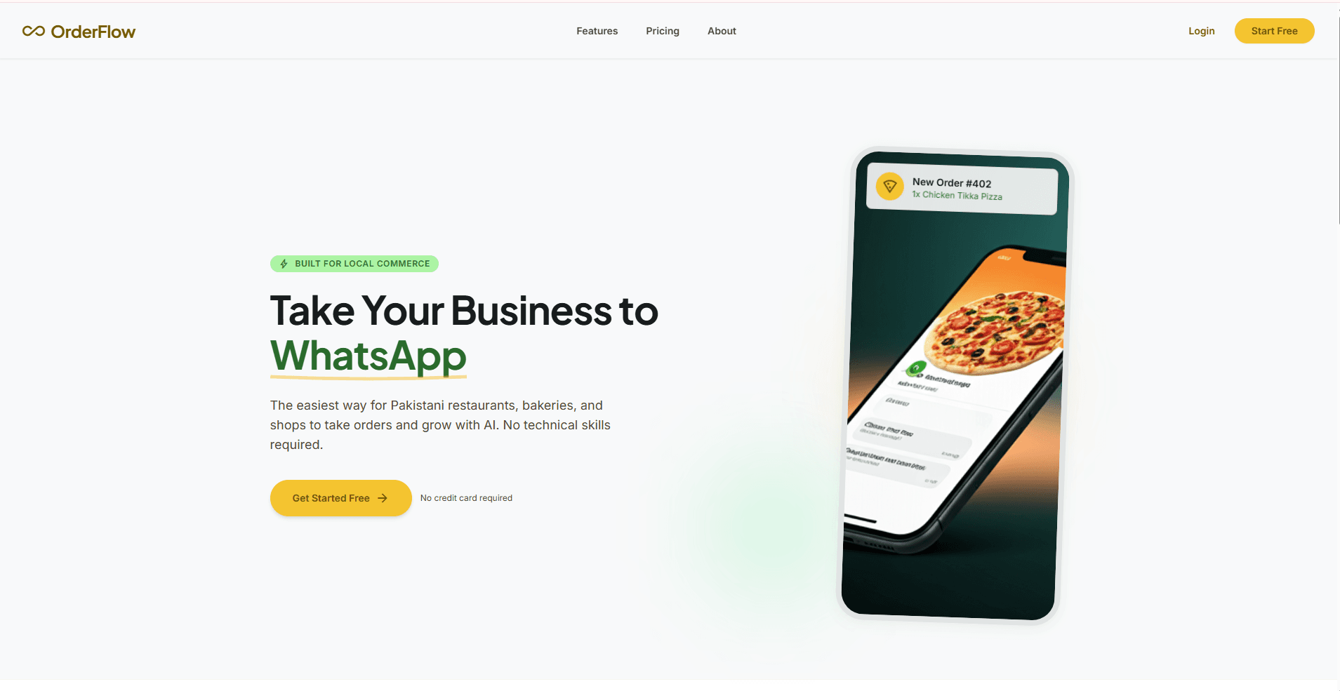OrderFlow dashboard where a food business manages incoming WhatsApp orders.