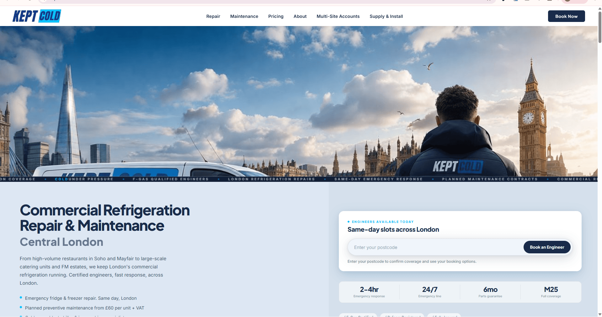 Kept Cold website homepage for a commercial refrigeration repair company in London.