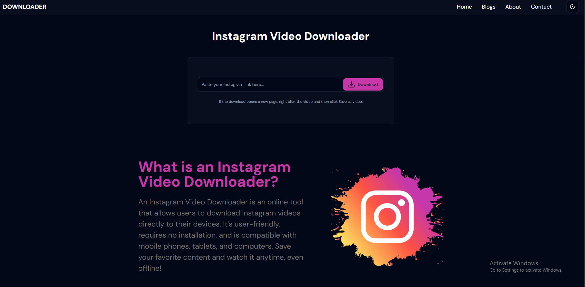 Instagram Video Downloader web utility interface.